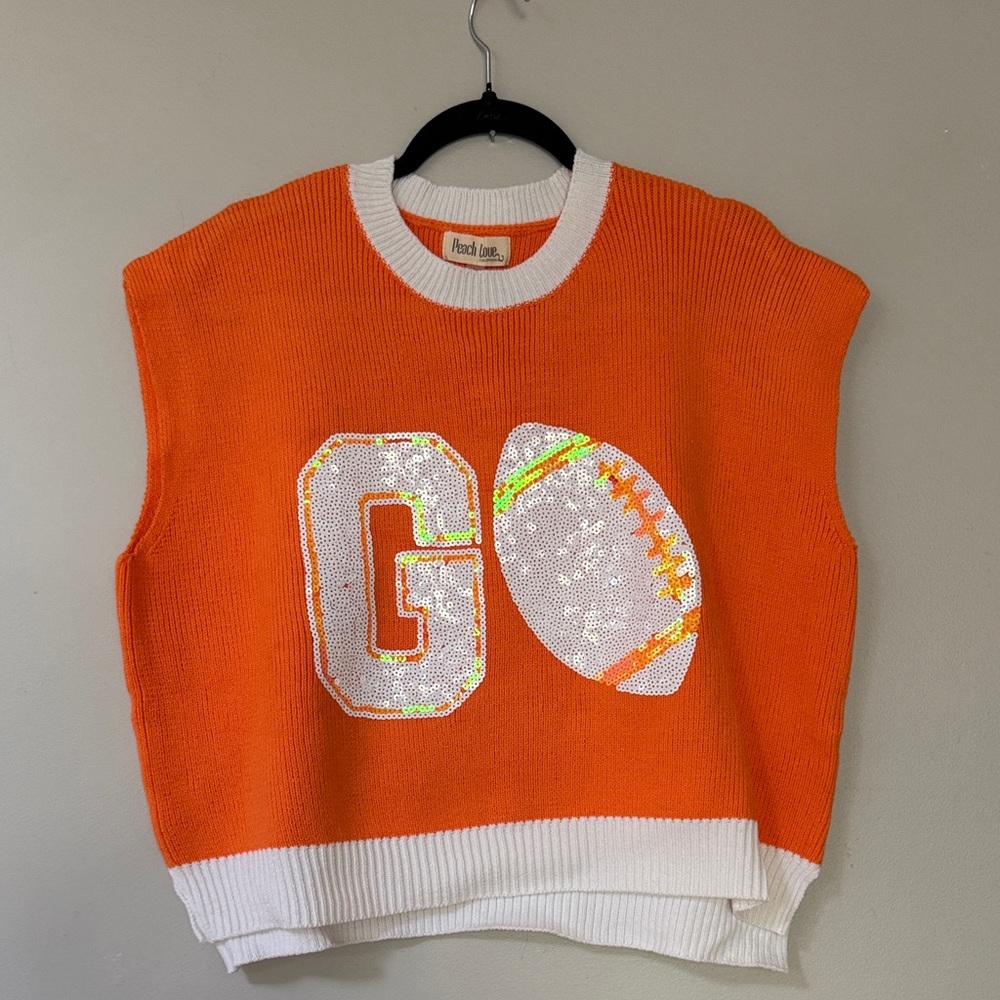 Peach Love California Orange & White Sequin 'GO' Football Knit Tank